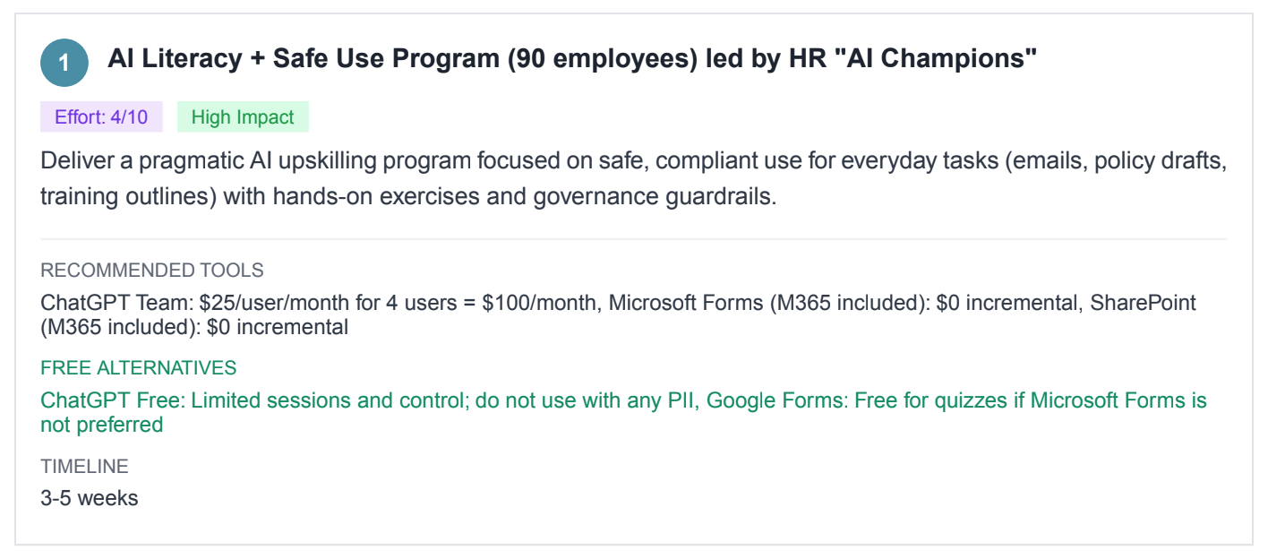 AI-ranked recommendations with effort and impact scores for manufacturing operations