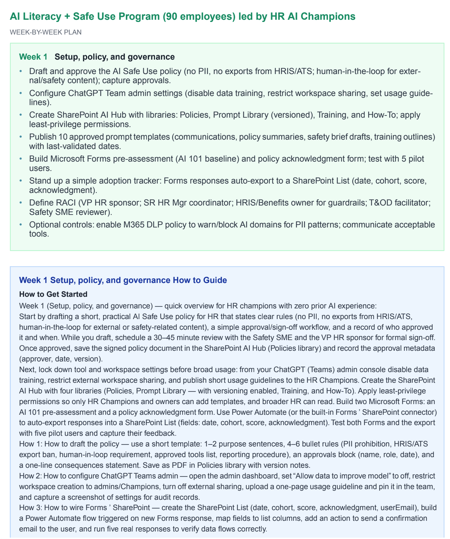 Week-by-week implementation guide with detailed instructions for AI adoption